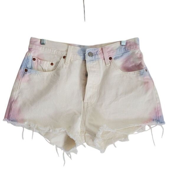 Levi's 501 Denim Shorts White Tie Dye Cut Off Button Fly 100% Cotton Size 29‎ - Picture 1 of 8